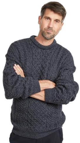 100 % Irish merino wool traditionell crew neck arantröja av Carraig Donn, Kol, L