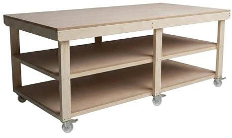 Arbor Garden Solutions 6ft x 4ft Mobile Heavy Duty Island Workbench - Double Shelf & Castors - 120cm Deep Rolling Table for Garage & Workshop (180cm)