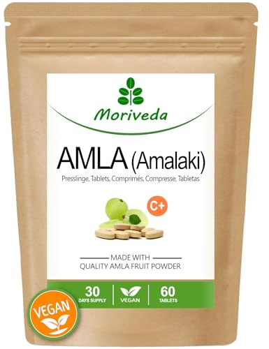 MoriVeda® Amla Tablets 1000mg, 60 Uds. bomba de vitaminas hecha de bayas de Amla para el sistema inmunológico, la piel, el cabello y la digestión en ayurveda, vegano y sin gluten, 1x 60 tabletas
