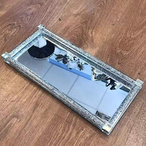 Crushed Diamond Decor Serving Tray Trimmings Mirror Crystal Filled Diamond Kitchen Silver, Luxury Serving Platters & Desserts, Diamante Kitchen Accessories, Size: 38 x 18 cms