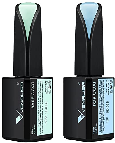 VENALISA 2 Pcs 15ml Gel Nail Ploish Base and Top Coat Set, No Wipe High Gloss Long Lasting Tempered Top Coat Polish Soak Off LED Gel Kit