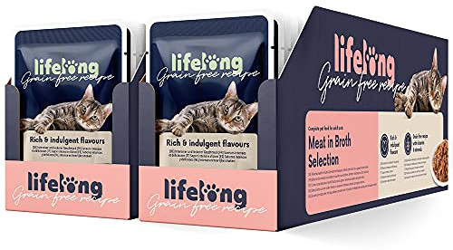 by Amazon Katzenfutter, nass, getreidefreies, für ausgewachsene Katzen Fleischauswahl in Brühe, 4.76 kg, 56 Packungen mit 85g (Vorher Lifelong)