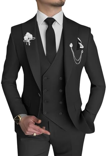 Ensemble 2 pièces pour Homme - Coupe ajustée - Blazer à Double Boutonnage et Pantalon - pour Mariage, marié, Smoking Peak Revers - Costume Formel de Bal, Noir, Taille XL