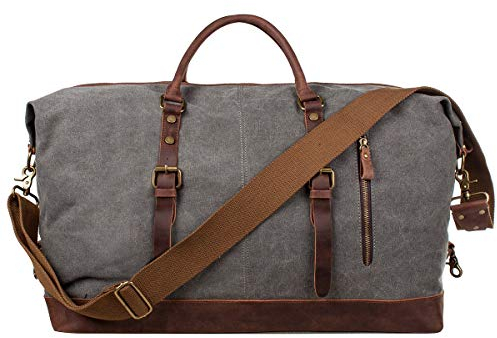 S-ZONE Reisetasche 60L Vintage Canvas Crazy Horse Leder Trim Unisex Handgepäck Weekender Tasche Sporttasche für Reise Wochenende Urlaub