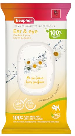 Beaphar - Pet Wipes – Ear & Eye Wipes for Cats & Dogs - Gently cleans around delicate eyes & ears – 100% Plant-Based, Biodegradable Wipes – With Chamomile – 30 Wipes – pH neutral - no perfume