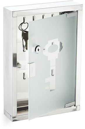 Relaxdays Cerrar Armario de Llaves con Cerradura, Caja Portallaves Pared, Acero Inoxidable, Puerta Cristal, 32x22x6cm, Plateado