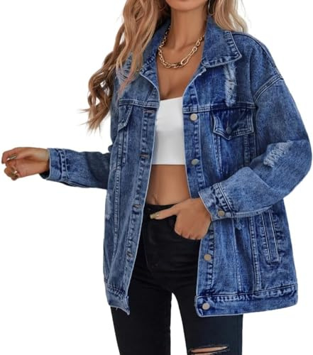 LifeShe - Chaqueta vaquera larga oversized de mujer estilo boyfriend, con rotos y desgastes.