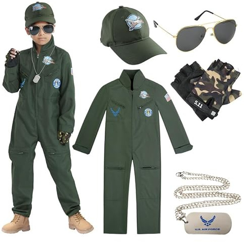 Udekit Costume da Pilota per Bambini, Costume da Pilota di Aerei da Combattimento con Berretto, Occhiali, Guanti, Ciondolo per Festa di Carnevale di Halloween per Bambini dai 6 ai 8 anni