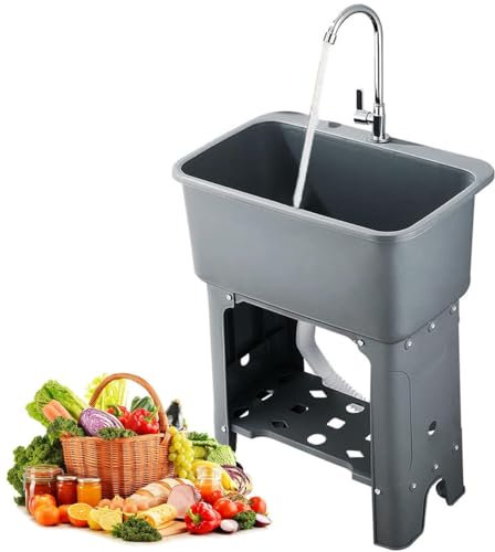 Lavandino con Piedi da Esterno, Lavello Cucina 1 Vasca da Grande, Autoportante Alto 76 Cm con Rubinetto per Garage, Lavanderia, Ristorante, Plastica Spessa Grigio/Nero(Gray,40x40cm/15.5x15.5inch)
