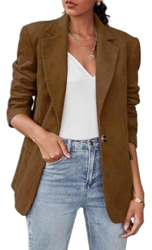 IDEALSANXUN Blazer de Pana para Mujer, para otoño e Invierno, Casual, Chaqueta de Traje Elegante, Marrón, Large