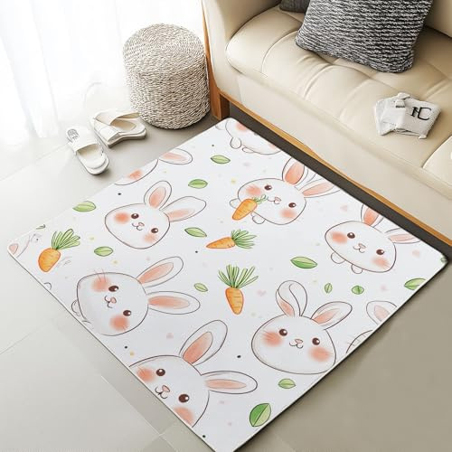 Xuxangti Lovely Rabbit Area Rug for Bedroom, Cartoon Animal Rabbit Rug 4x6 for Living Room, Rodent Vegetable Carrot Carpet Non Slip Low Pile, Room Decor Rug, Soft, Machine Washable Rug