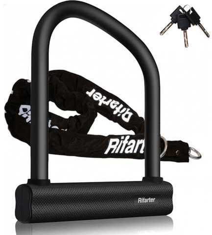 Rifarter Bike Locks Heavy Duty Anti Theft, 18mm Thick Motorcycle Wheel U Lock with 6mm x 4FT Chain, Large U Shaped Motorcycle Chain Lock with 3 Keys for Bicycles, Mopeds, Scooter, Ebike, Fat-Tire