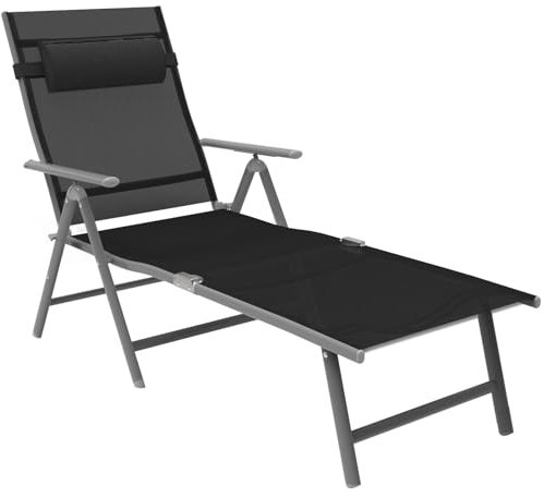 AMHANCIBLE Sonnenliege klappbar, aus rostfreiem Aluminium, Liegestuhl, Gartenliege mit Verstellbare Rückenlehne, abnehmbares Kopfkissen, bis 150 kg belastbar, verstellbar, für Garten, Balkon EGL01BK