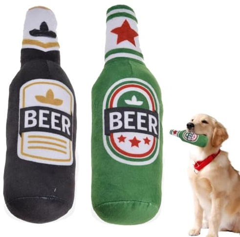 Lot de 2 jouets couineurs en peluche douce pour chien en forme de bouteille de bière | Jouets pour chien en forme de bière, jouets à mâcher couineurs pour chiens de petite, moyenne et grande taille