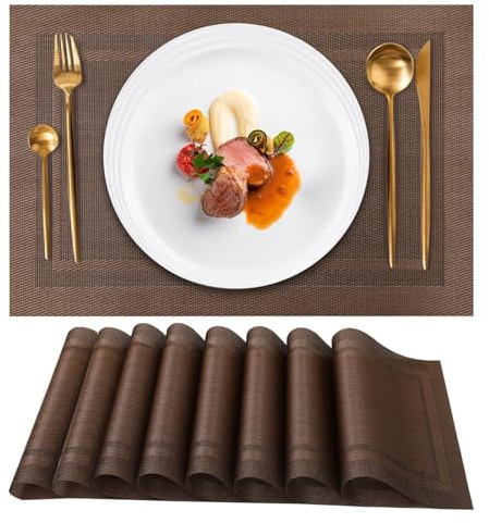 Gucass Juego de 8 Manteles Individuales Lavables, Salvamanteles Individuales Plásticos, Antimanchas Resistentes al Calor Mantel Individual, Mantel Mesa Rectangular para Mesa, 30x45cm, Marrón Oscuro