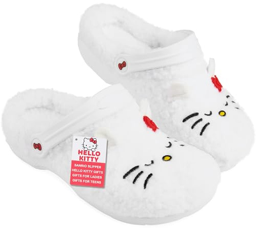 Hello Kitty Sanrio Clogs Damen & Teens, 35-40, Flauschige Hausschuhe Gefüttert, Winter Pantoffeln, Anime Geschenke für Frauen (40 EU, White)
