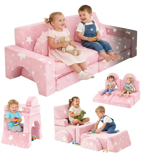 Kids Sofa Bed, 10-Piece Modular Toddler Chair Couch for Kid,Kids Play Sofa,Children Chairs Lounger Fold Out,2 Seater Baby Armchair Couch for Bedroom Playroom,Children Sofa Bed for Girls Boys (Pink)