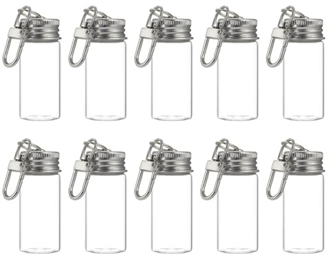 ROHIJALE 10 Packs 10ml/0.34Oz Clear Glass Vial Keychain Bottles Mini Refillable Containers with Screw Cap & Metal Clip Small Empty Jars for DIY Crafts, Perfume Samples, Sand Keepsakes, Beads, Spices