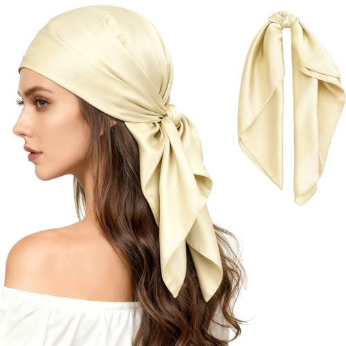 MESU Large Square Scarf 35 Headscarf for Women's Hair Bandanas Silk Head Scarf Beige