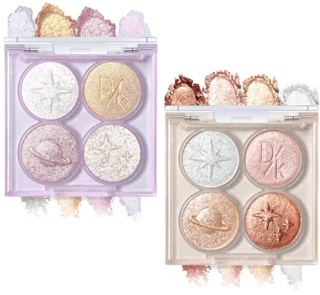 BelleFlair 2 piezas Paleta de sombra de ojos con brillo, sombra de ojos holográfica duocromática, sombras de ojos metálicas en crema, paleta de sombras con estampado de estrella planetaria, sombra