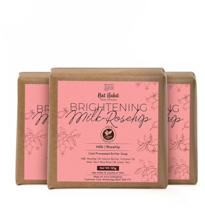 Habit Milk Rosehip Bath Soap with Lactic Acid, Kokum Butter|Cold Processed for Skin Brightening, Anti-Aging & Anti-Acne | Moisturizing Milk Soap, Gentle Exfoliation | Pack of 3 X 125g