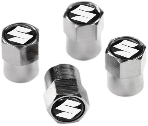 Grace nnvg Reifenventil-Staubschutzkappen für Suzuki, universell passend für alle gängigen Schrader-Ventile, gewölbtes '3D'-Logo, Silber mit Chromakzenten, Metall