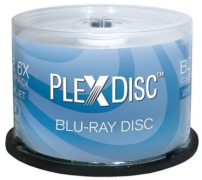 PlexDisc 25 GB 6x Blu-ray Inkjet Printable Single Layer Recordable Disc BD-R, 50-Disc Spindle - White