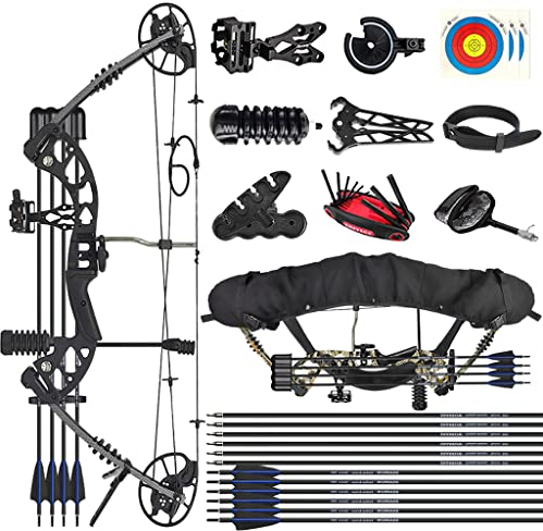 ZSHJG Compound Bogen Set Bogenset für Bogenschießen Sportbogen Verstellbarer Jagd Compoundbogenset 30-70 lbs 320fps Rechte Hand mit Komplettes Zubehör Kit (Schwarz)