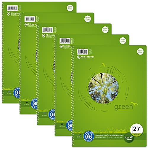 Staufen Ursus Style Collegeblock, 5 Stück, DIN A4, Lineatur 27 (9mm liniert mit Randlinien), 80 Blatt, 4-fach Lochung, premiumweißes 70g/m² Recyclingpapier, Green