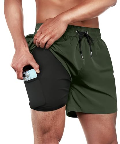 ineepor Bañador para Hombre 2 en 1 de Secado Rápido con Forro de Compresión Pantalones Cortos Hombre Deporte con Bolsillos con Cremallera Elástico de Forro Pantalones Cortos de Playa
