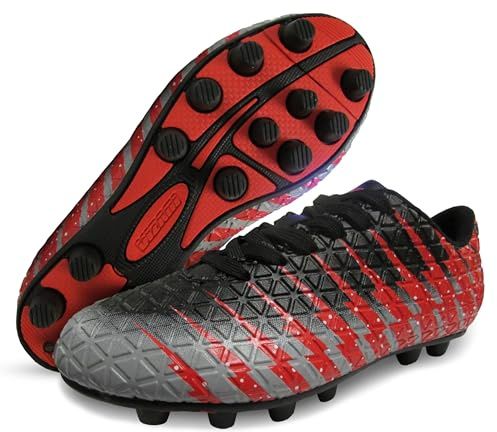 VIZARI Scarpe da calcio FG per ragazzi, comode scarpe da calcio per bambini per sport indoor e outdoor, resistenti e facili da indossare, Nero Rosso Argento, 36 2/3 EU
