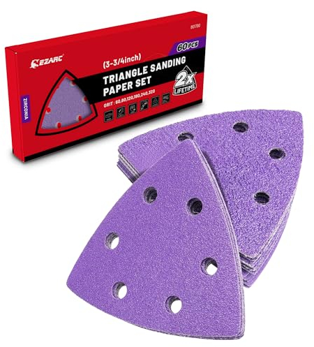 EZARC Deltaschleifer Schleifpapier 60 Stück, Zirkonoxid Schleifpapier Dreieckschleifer 93 x 93 x 93 mm Multitool Schleifdreiecke für Deltaschleifer, 60/80/120/180/240/320 Körnung mit Klett & 6 Löcher