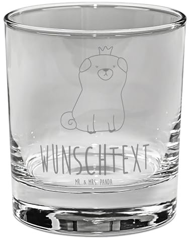 Mr. & Mrs. Panda Personalisiertes Gin Glas Mops Krone - Personalisierte Geschenke, Personalisiertes Gin Glas mit Gravur, Ginglas mit Wunschtext,
