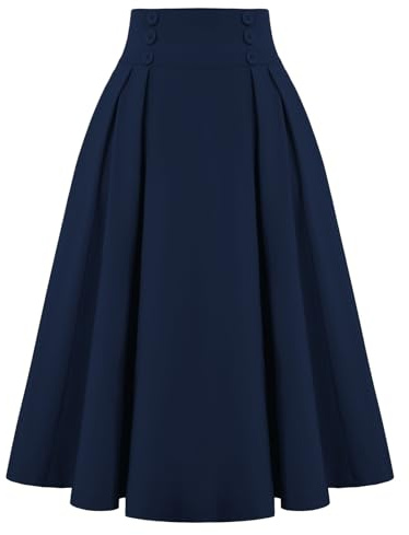 Belle Poque Women Flared A-Line Midi Skirt with Pockets Elastic Waist Flowy Swing Skirt Deep Navy Blue#2150 M