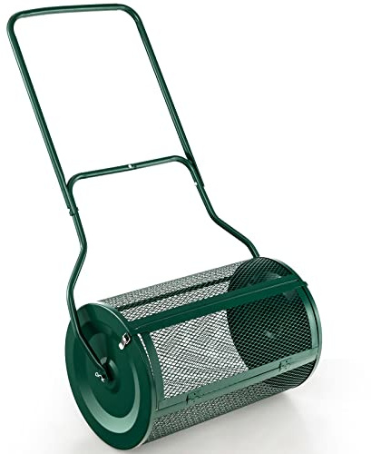 GYMAX Spargitore di Compost da 60cm, Capacità 76L, con Maniglia Ergonomica a U, Serrature Laterali, Rullo Metallico, Spargitore di Fertilizzante per Concimare e Seminare Giardino Esterno (Verde)