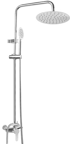 W&H Duschsystem mit Armatur, Chrom Duschsystem mit großer Regendusche und Handbrause, Duschsystem mit Duschstange aus Edelstahl, Regendusche set, Überkopfbrause set, Duschgarnitur - Silbrig