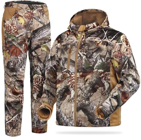 ShedOFF Silent Hunting Clothes for Men, Safety Strap Compatible Hunting Jacket and Pants with Fleece Lining, Quiet, Winter Warm, Water Resistant and Insulated(XL Size, Camo Pine Cones)