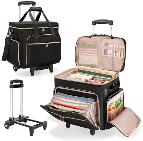 Prokva Rolling Craft Bag, Scrapbook Storage Tote Bag on Wheels, Black