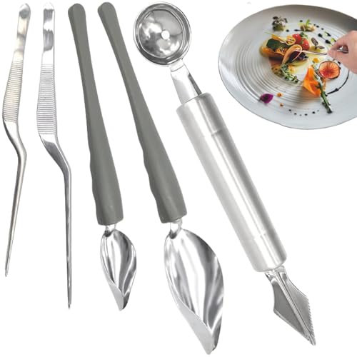 Cuillère à Sauce,5pcs Saupoudrer la Cuillère à Sauce,Cuillère à Décoration Alimentaire,Cuillères Plume Déco Spoon Acier Inoxydable,Chef Crayon Gateau Décoration Outil