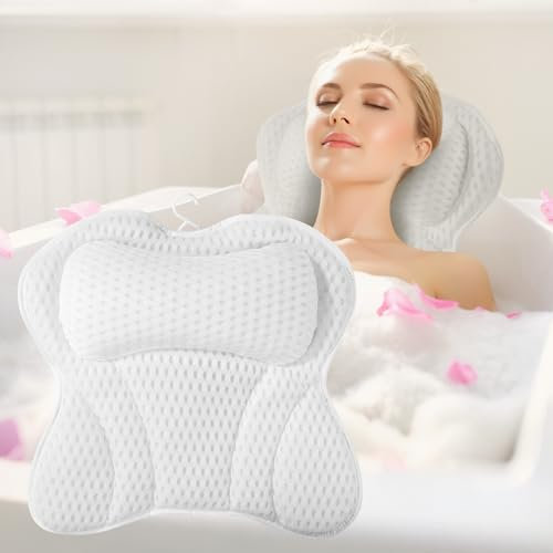 Badewannenkissen,Badekissen Für Badewanne,Kissen Badewanne 4D Mesh mit 6 Saugnäpfeln,Wird verwendet,um zu entspannen,um Nacken,Schultern,Kopf und Rücken zu unterstützen,für Heimspas(Weiß)