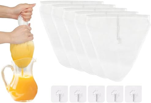 Anlising 5PCS Sac à Lait Végétal, Sachets de Lait de Noix, Sac Filtrant, Sac à Lait de Noix, Filtre en Nylon Sac, Filtre à Lait de Soja, Envoyer Crochet Adhésif, pour Légumes, Jus, Lait, Café, Lait
