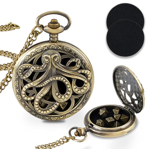 SUPERFINDINGS 1Pc Mini DND Dice Set Pieuvre en Bronze Antique Collier Pendentif de Poche mécanique avec 7 Dés Jeu de Rôle Accessoires pour Jeux de société pour Xmas Birthday Graduation Gifts