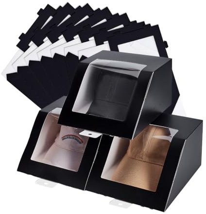 AHANDMAKER 10 scatole portaoggetti per cappelli neri, pieghevoli, in cartone con finestra in PVC trasparente, 19,8 x 19,8 x 11,9 cm, contenitore per cappelli da baseball