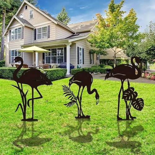 GZDDYUMYJX 3 Paquet Décoration de Jardin pour Flamant en métal, Piquets de Jardin décoratifs de Flamants en métal,Décor extérieur,Art de Cour,Ornements de pelouse,Cadeaux (Flamant Noir)