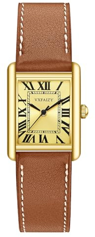VXFAIZY Rechteckige Damenuhr mit Retro Römischen Zahlen und Lederarmband(Gold Braun)