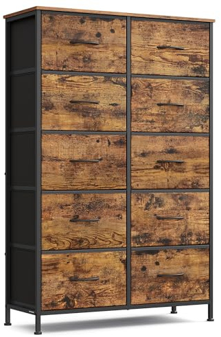 SONGMICS Chest of Drawers, 10 Fabric Drawers Storage Unit, Steel, MDF, Non-Woven Fabric, for Bedroom, Closet, Hallway, Living Room, Rustic Brown and Ink Black LGS125BH04