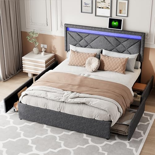 JYNVO Sängklädsel 160 x 200 cm med LED-belysning och USB-anslutningar, förvaringssäng med 4 lådor, dubbelsäng med justerbar sänggavel, ungdomssäng, av mörkgrått linne