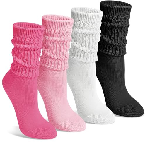 Tialfas Slouch Socks Womens 4-7 Cotton 4 Pairs Athletic Leisure Colorful | Cozy Slouchy Calf Tube Scrunch Knit Breathable Soft Comfortable Crew Liners Socks for Ladies Girls Sneakers Boot