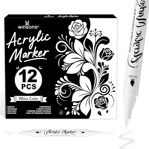 WINSONS Rotuladores Acrilicos Blancos, Acrylic Markers, Impermeables, No Tóxicos, Inodoros, Adecuados Para Papel, Cerámica, Piedras, 12 Unidades