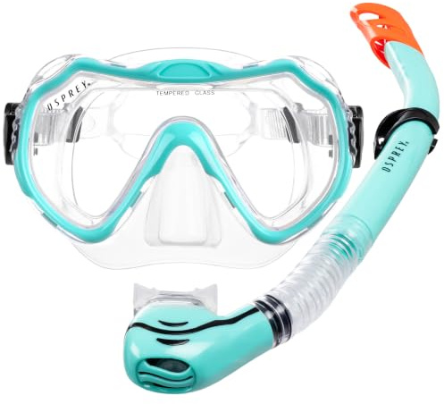 Osprey Adult Snorkel Set with Tempered Glass Mask, Semi-Dry Snorkel | 4mm tempered glass mask, semi-dry silicone snorkel, anti-leak fit, single lens, diving and snorkelling